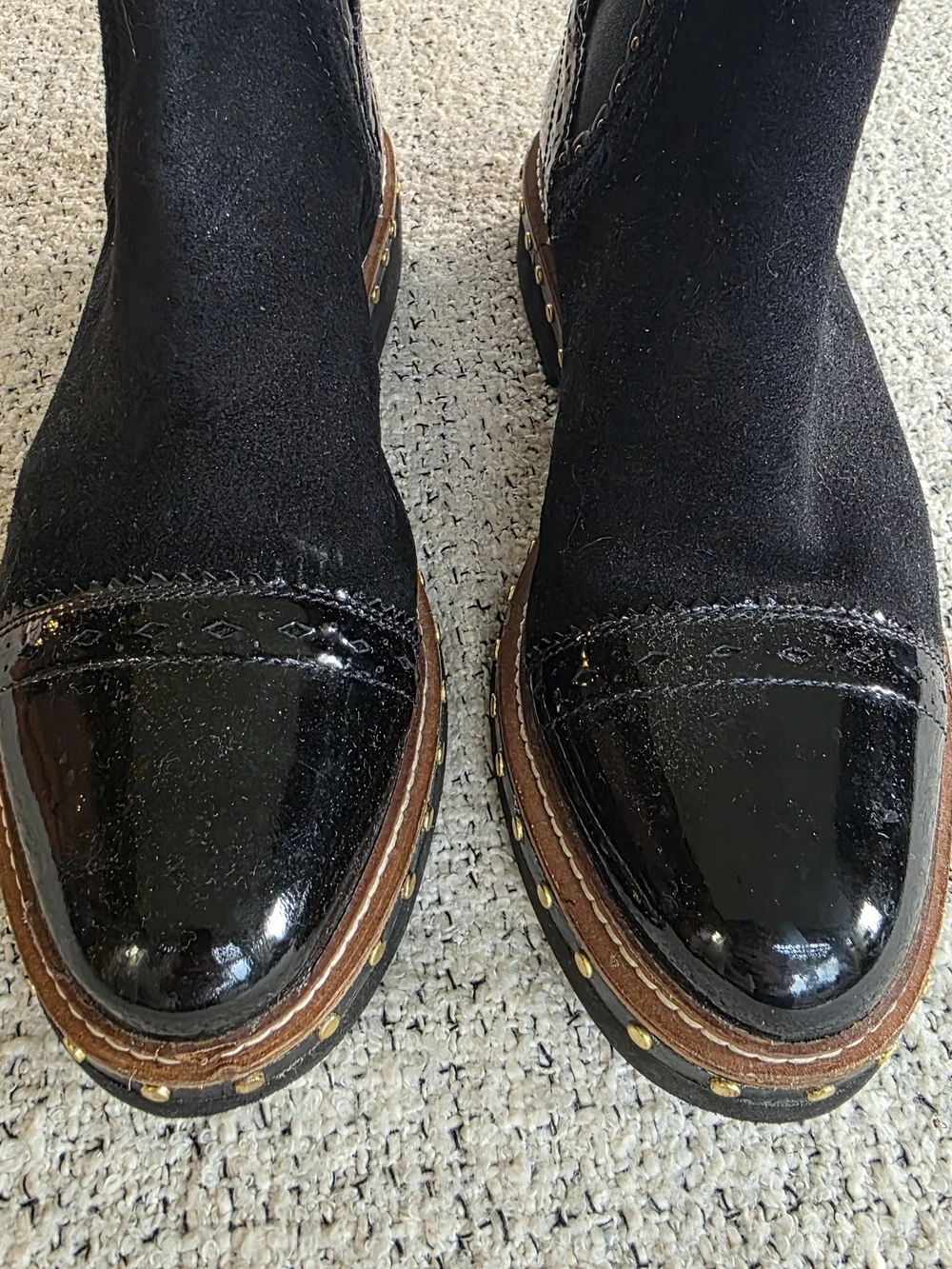 Free People Black Suede Patent Leather Studded Chelsea Ankle Boots 38/ Size 8